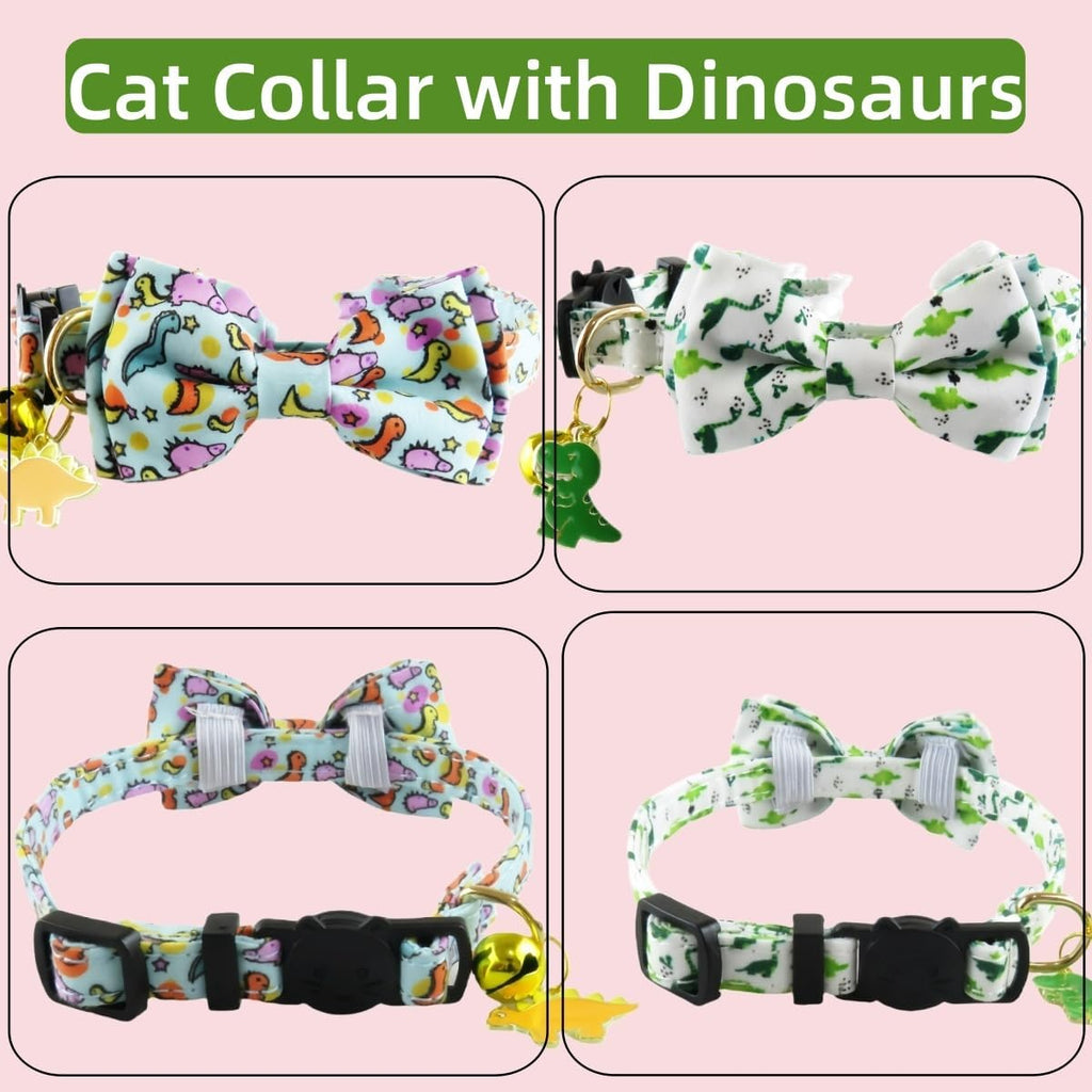 2 Pack Cat Collars Breakaway for Boy Girls, Cute Soft Kitty Cat Bowtie Collar with Bells for Male Female, Dinosaurs Pattern Cotton Adjustable Kitten Collar with Bow Tie (Dinosaur)