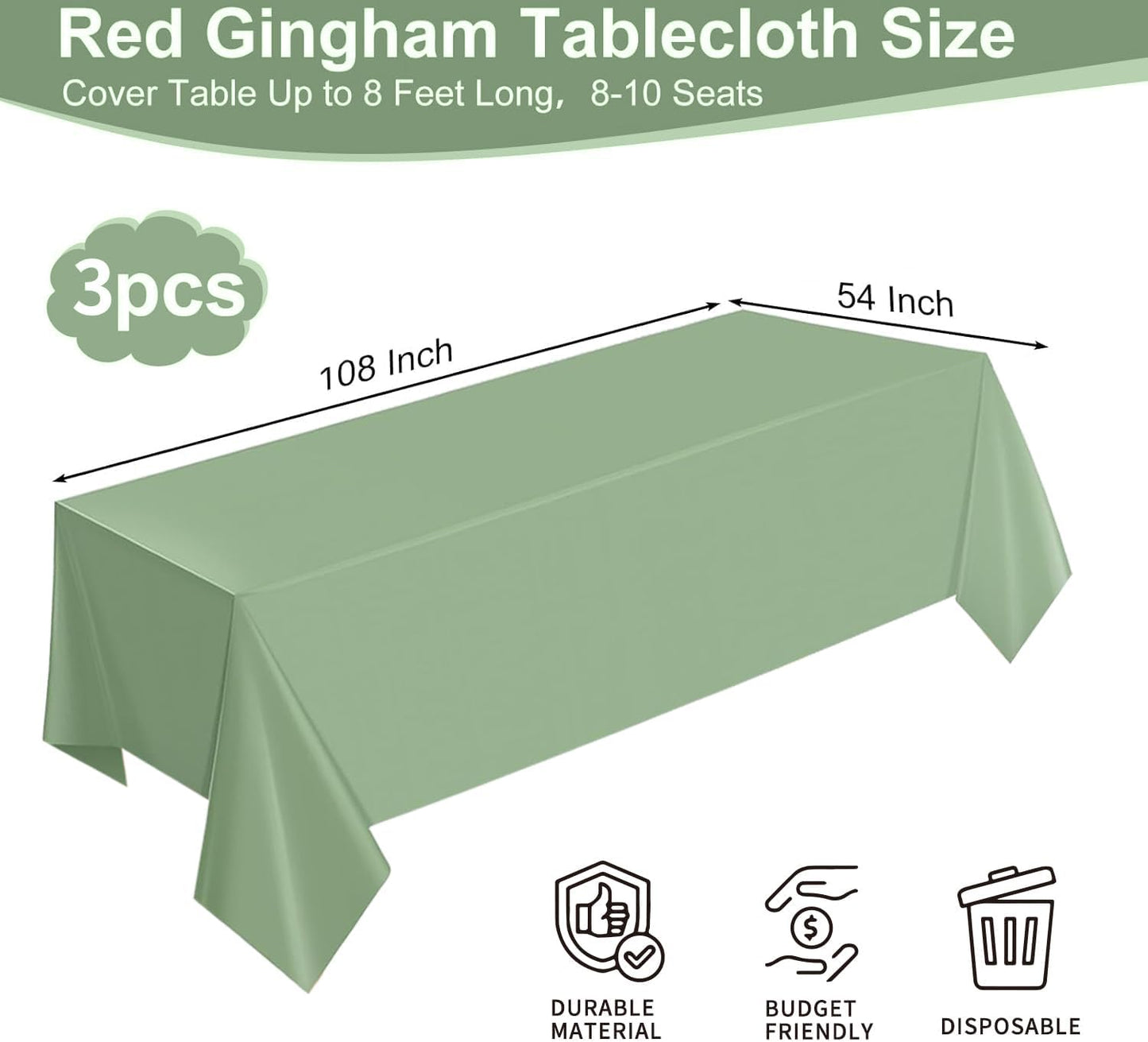 1 Pack Sage Green Plastic Tablecloths for Rectangle Tables Waterproof Sage Green Table Cover for Birthday Bridal Wedding Baby Shower Party Decorations, 54 X 108Inch