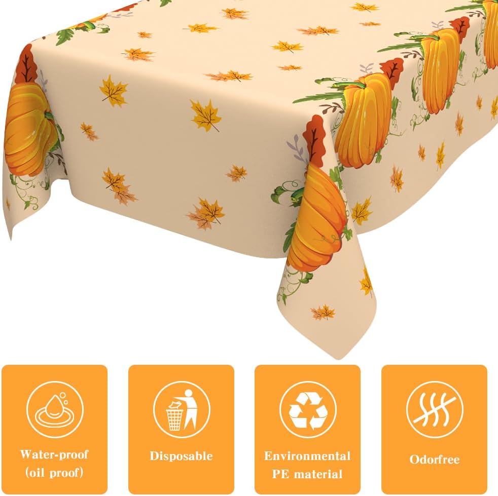 6 PCS Fall Tablecloths(54x108 Inch) Rectangle Disposable Plastic Thanksgiving Tablecloth Table Covers Cloths Pumpkin Autumn Maple Leaves Table Decor Harvest Friendsgiving Party Supplies Decorations
