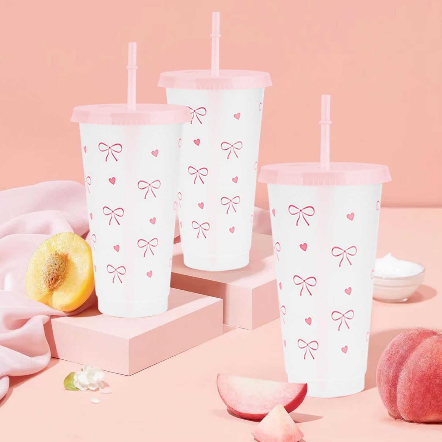 12Pcs 24 oz Blue Bow Plastic Cups with Straw and Lid, Reusable Coquette Bow Tie Cold Cups for Wedding Baby Shower Birthday Party Decor