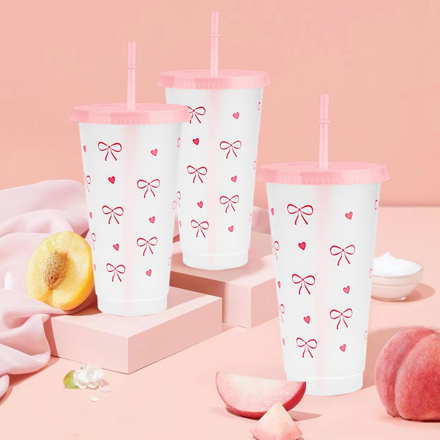 12Pcs 24 oz Blue Bow Plastic Cups with Straw and Lid, Reusable Coquette Bow Tie Cold Cups for Wedding Baby Shower Birthday Party Decor