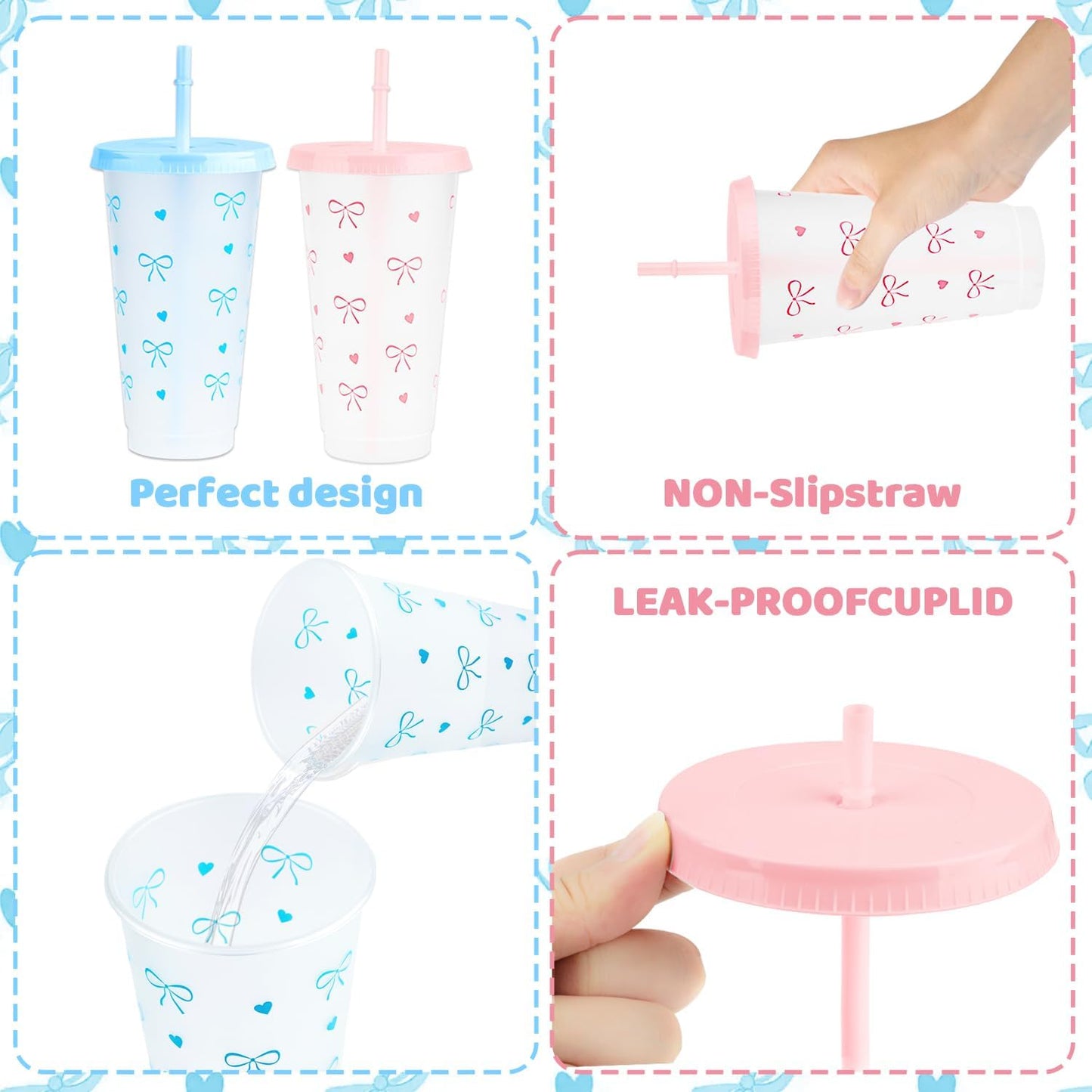 12Pcs 24 oz Blue Bow Plastic Cups with Straw and Lid, Reusable Coquette Bow Tie Cold Cups for Wedding Baby Shower Birthday Party Decor
