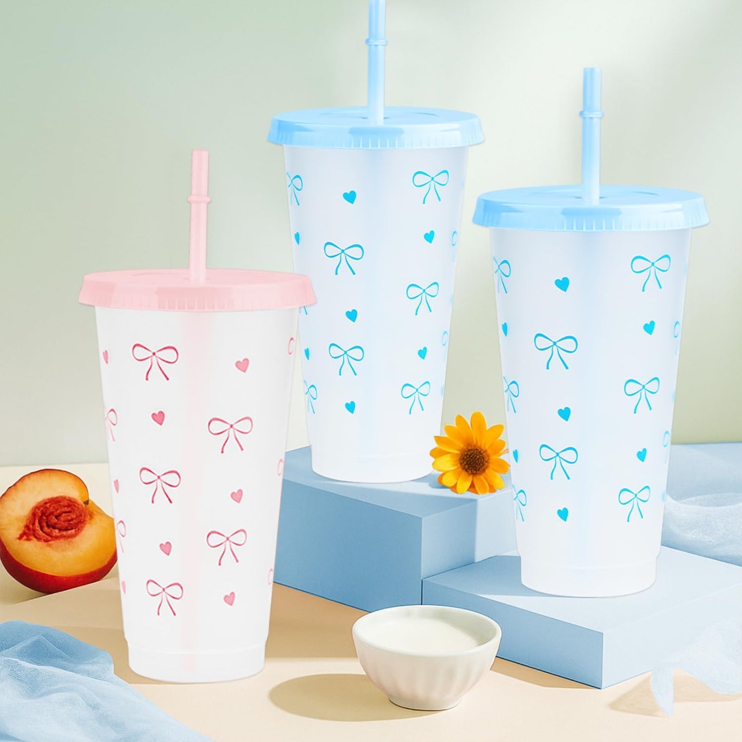 12Pcs 24 oz Blue Bow Plastic Cups with Straw and Lid, Reusable Coquette Bow Tie Cold Cups for Wedding Baby Shower Birthday Party Decor