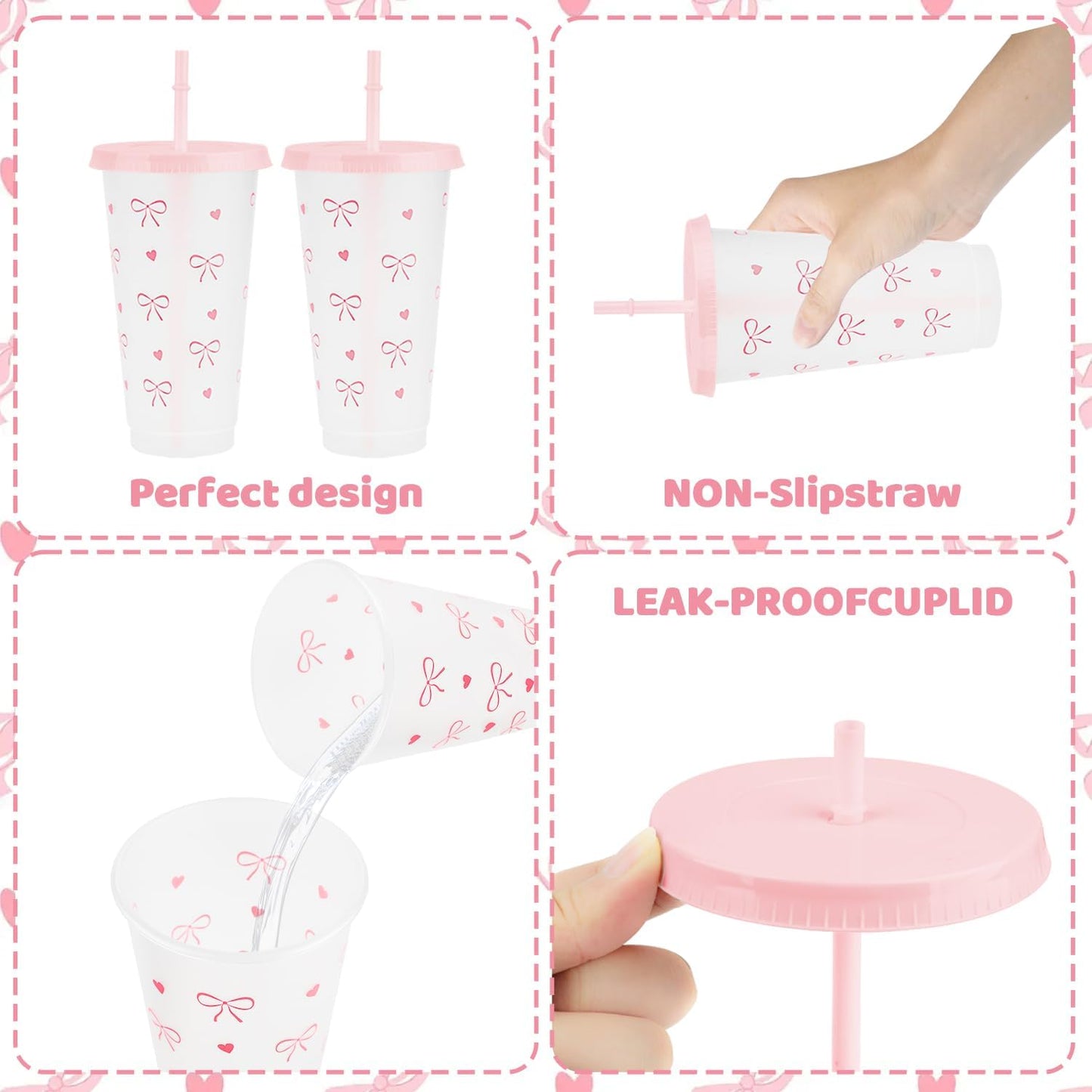 12Pcs 24 oz Blue Bow Plastic Cups with Straw and Lid, Reusable Coquette Bow Tie Cold Cups for Wedding Baby Shower Birthday Party Decor