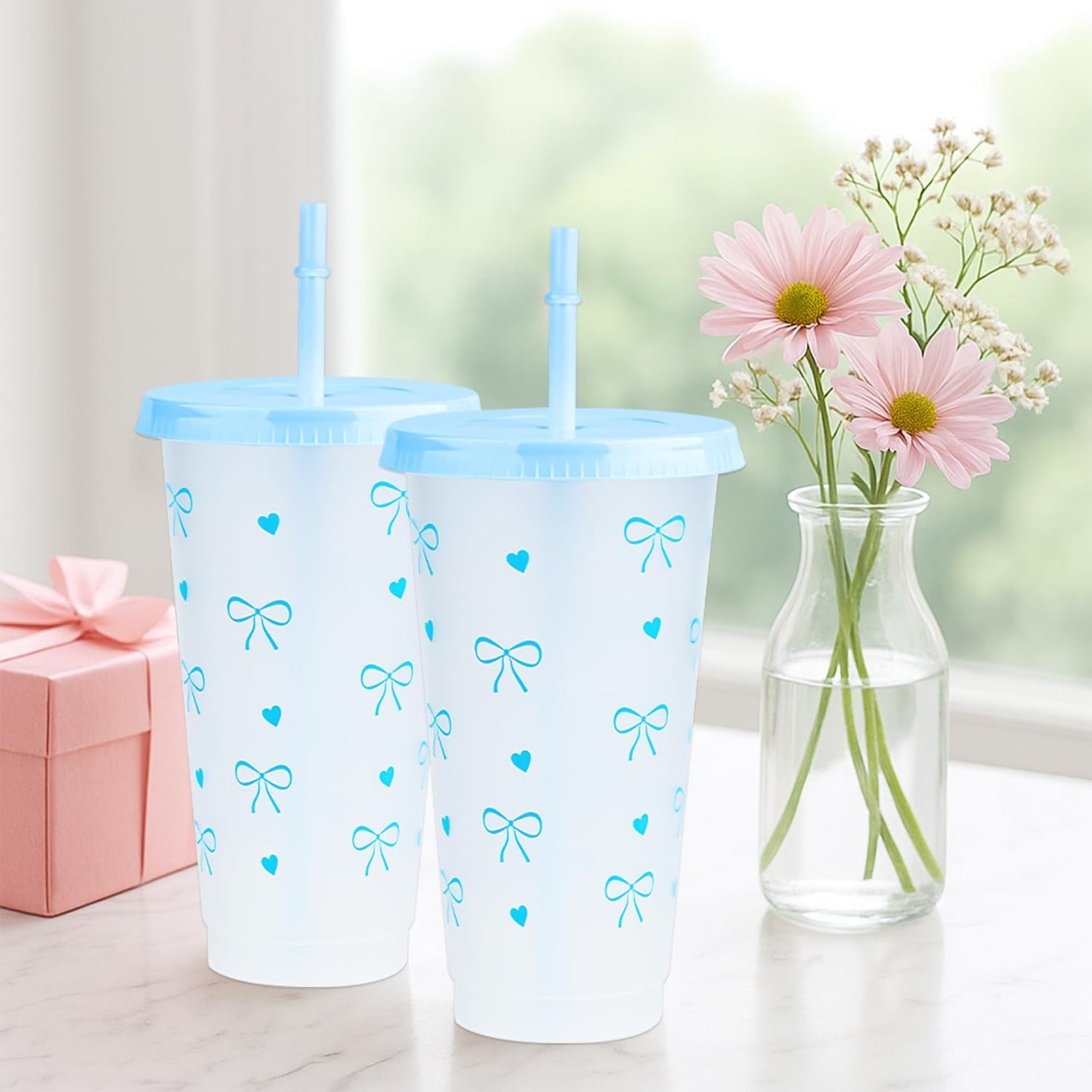 12Pcs 24 oz Blue Bow Plastic Cups with Straw and Lid, Reusable Coquette Bow Tie Cold Cups for Wedding Baby Shower Birthday Party Decor