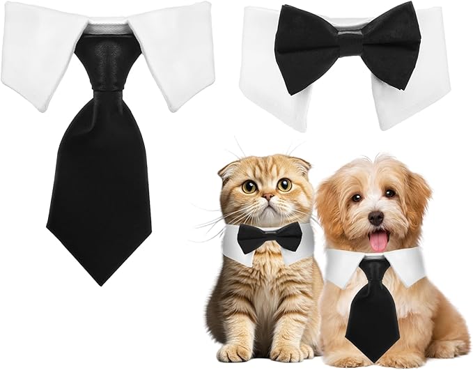 2 Pack Dog Cat Tuxedo Collar Cute Tux Puppies Dog Bowtie Cat Bow Tie Tux Collar Adjustable Formal Pet Cats Necktie for Neck Girth 9.3"-12" Dogs Cats Birthday Wedding Costumes