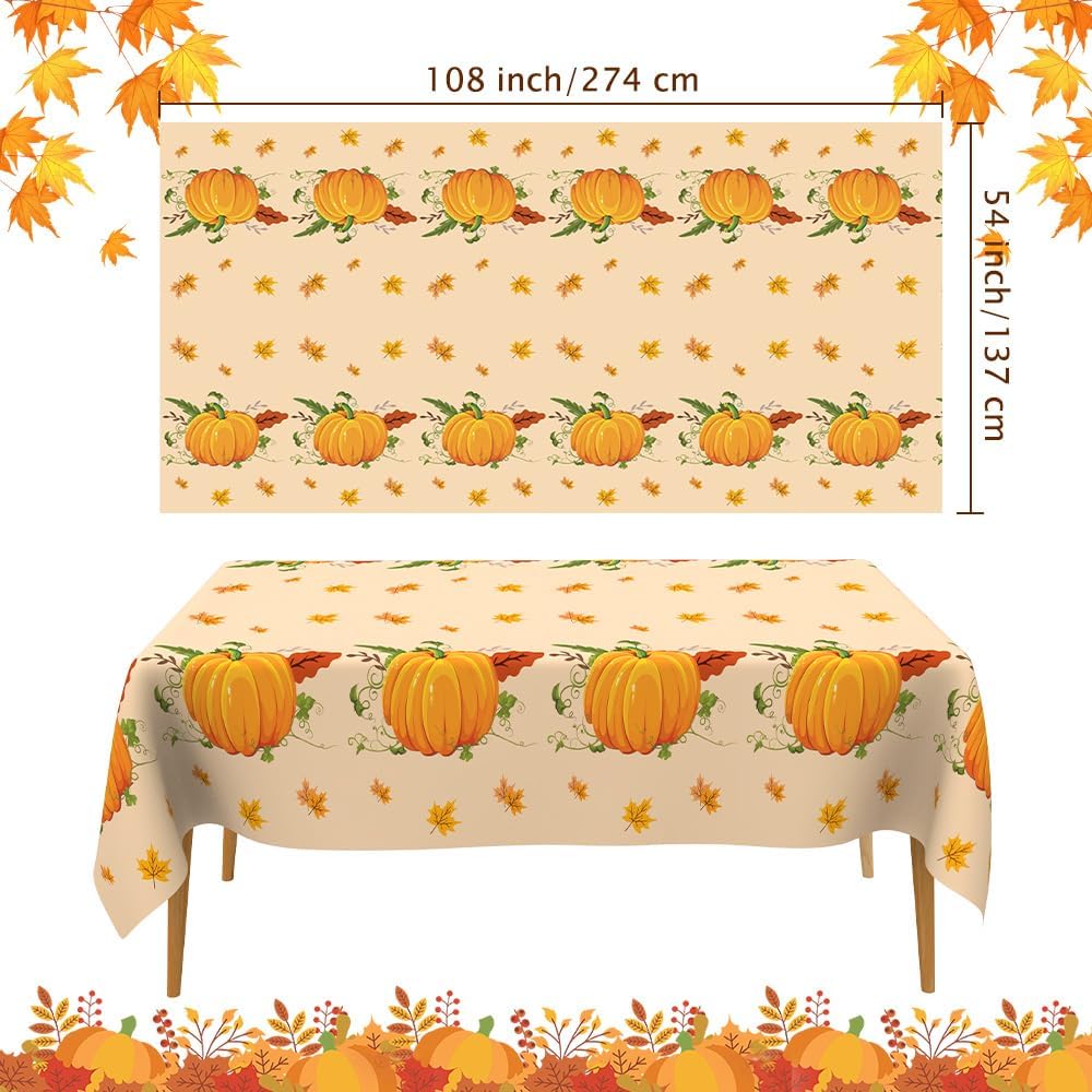 6 PCS Fall Tablecloths(54x108 Inch) Rectangle Disposable Plastic Thanksgiving Tablecloth Table Covers Cloths Pumpkin Autumn Maple Leaves Table Decor Harvest Friendsgiving Party Supplies Decorations