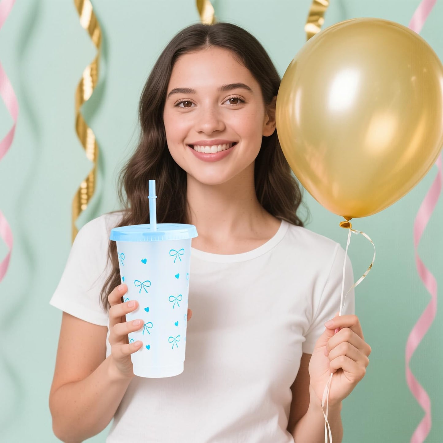 12Pcs 24 oz Blue Bow Plastic Cups with Straw and Lid, Reusable Coquette Bow Tie Cold Cups for Wedding Baby Shower Birthday Party Decor