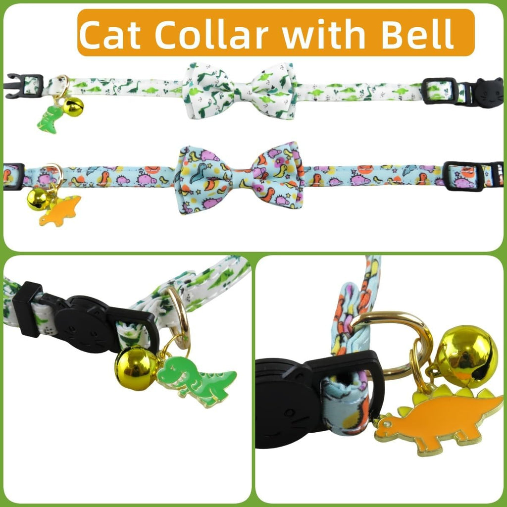 2 Pack Cat Collars Breakaway for Boy Girls, Cute Soft Kitty Cat Bowtie Collar with Bells for Male Female, Dinosaurs Pattern Cotton Adjustable Kitten Collar with Bow Tie (Dinosaur)
