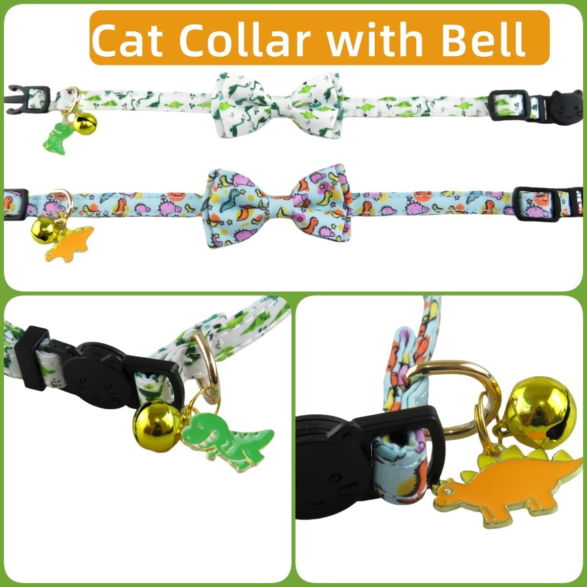 2 Pack Cat Collars Breakaway for Boy Girls, Cute Soft Kitty Cat Bowtie Collar with Bells for Male Female, Dinosaurs Pattern Cotton Adjustable Kitten Collar with Bow Tie (Dinosaur)