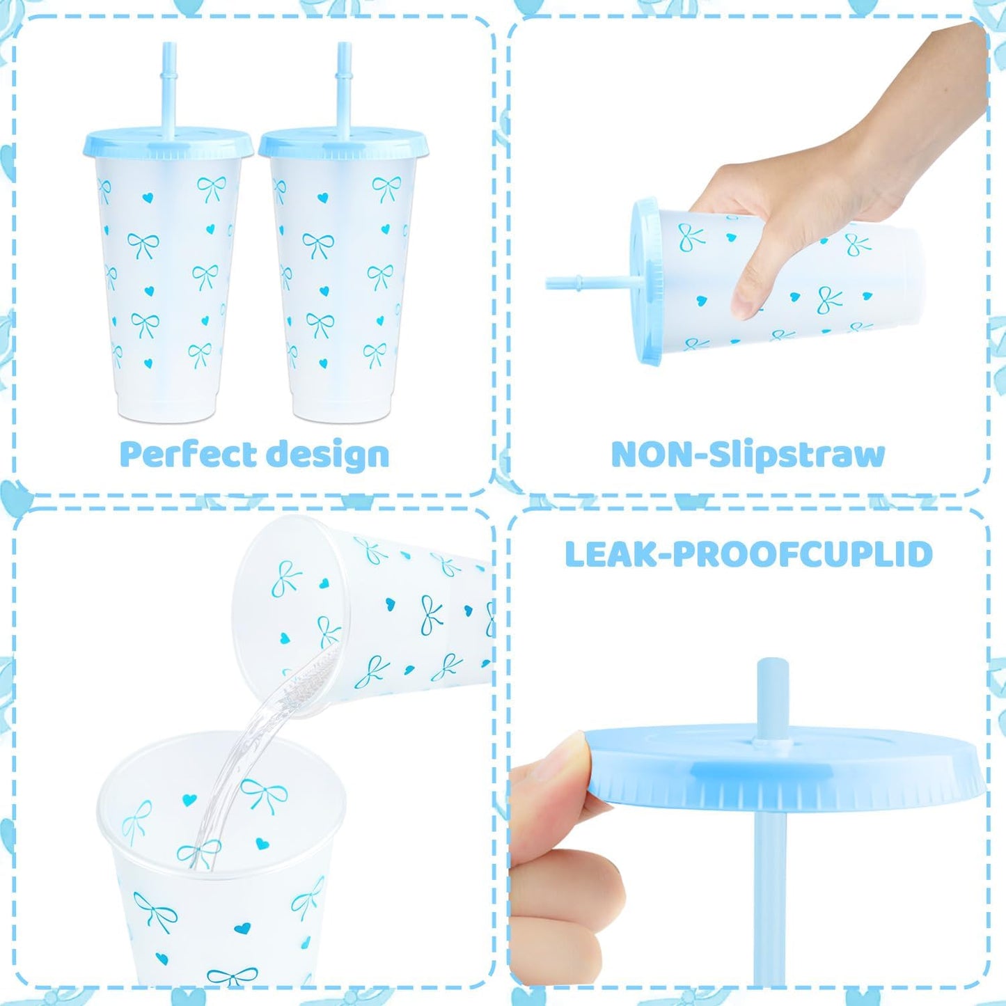 12Pcs 24 oz Blue Bow Plastic Cups with Straw and Lid, Reusable Coquette Bow Tie Cold Cups for Wedding Baby Shower Birthday Party Decor