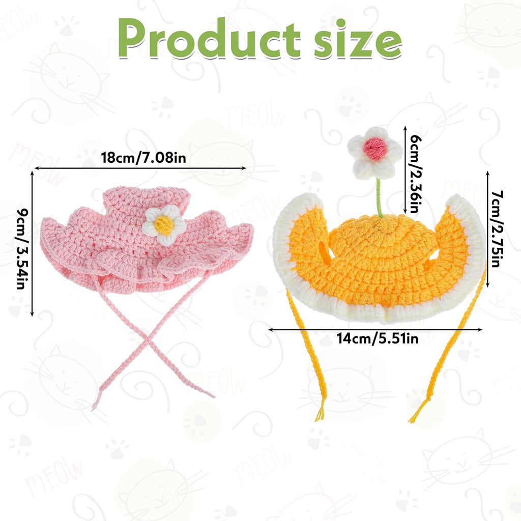 2pcs Cute Flower Cat Hat, Cotton & Soft Cute Knitted Hats for Cats, Halloween Christmas Holiday Party Clothes Birthday Party Puppy Hat for Small Pets, Holiday & Photo Outfit