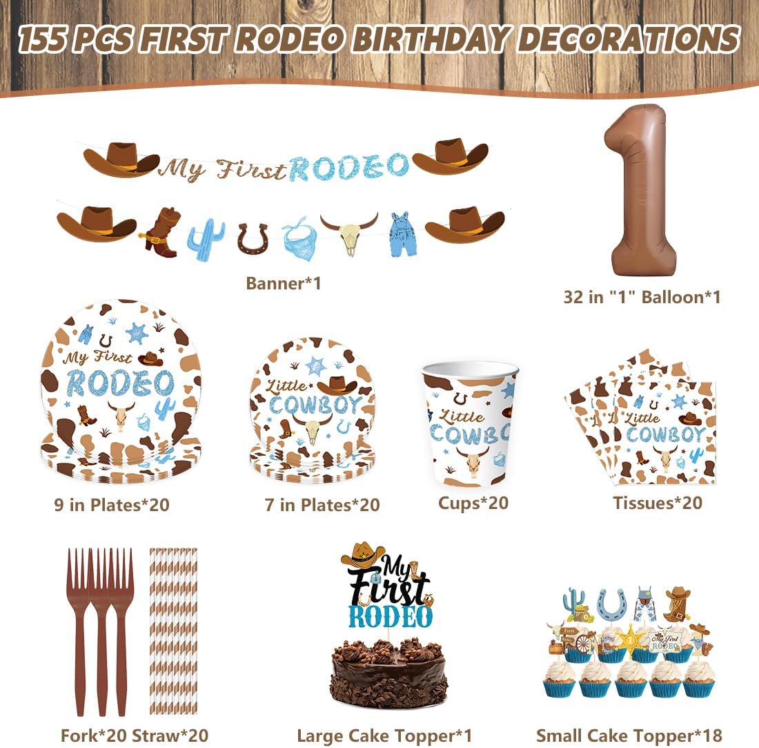 My First Rodeo Decorations for Boys, 158 PCS First Rodeo Birthday Decorations Set, Plates, Forks, Straws, Cups, Napkins, Banners, Balloons, Backdrops, Cake Toppers and Tablecloths, Serves 20 Guests