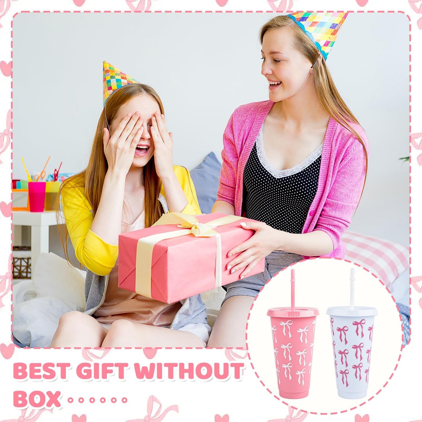 12Pcs 24 oz Blue Bow Plastic Cups with Straw and Lid, Reusable Coquette Bow Tie Cold Cups for Wedding Baby Shower Birthday Party Decor