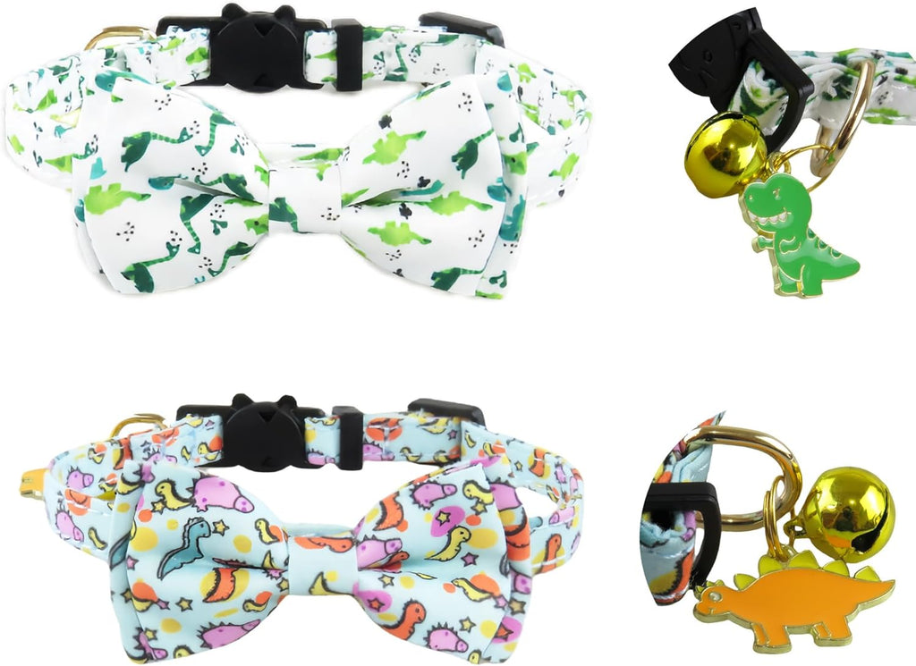 2 Pack Cat Collars Breakaway for Boy Girls, Cute Soft Kitty Cat Bowtie Collar with Bells for Male Female, Dinosaurs Pattern Cotton Adjustable Kitten Collar with Bow Tie (Dinosaur)