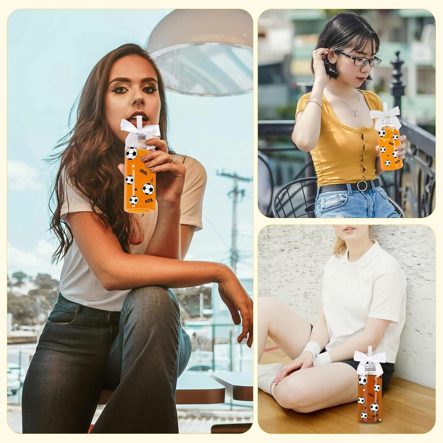 12 Pack 14.2 oz Plastic Cups with Lids and Straws Clear Reusable Cups Twist Bows Tumbler Bottle for Birthday Sports Themed Party Favors Decorations Bulk (Soccer)