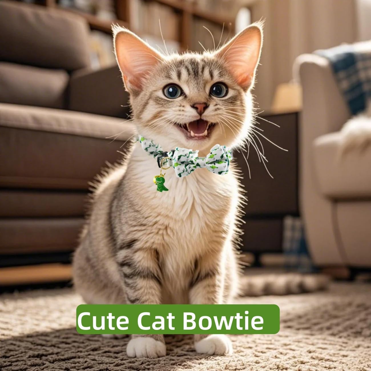 2 Pack Cat Collars Breakaway for Boy Girls, Cute Soft Kitty Cat Bowtie Collar with Bells for Male Female, Dinosaurs Pattern Cotton Adjustable Kitten Collar with Bow Tie (Dinosaur)