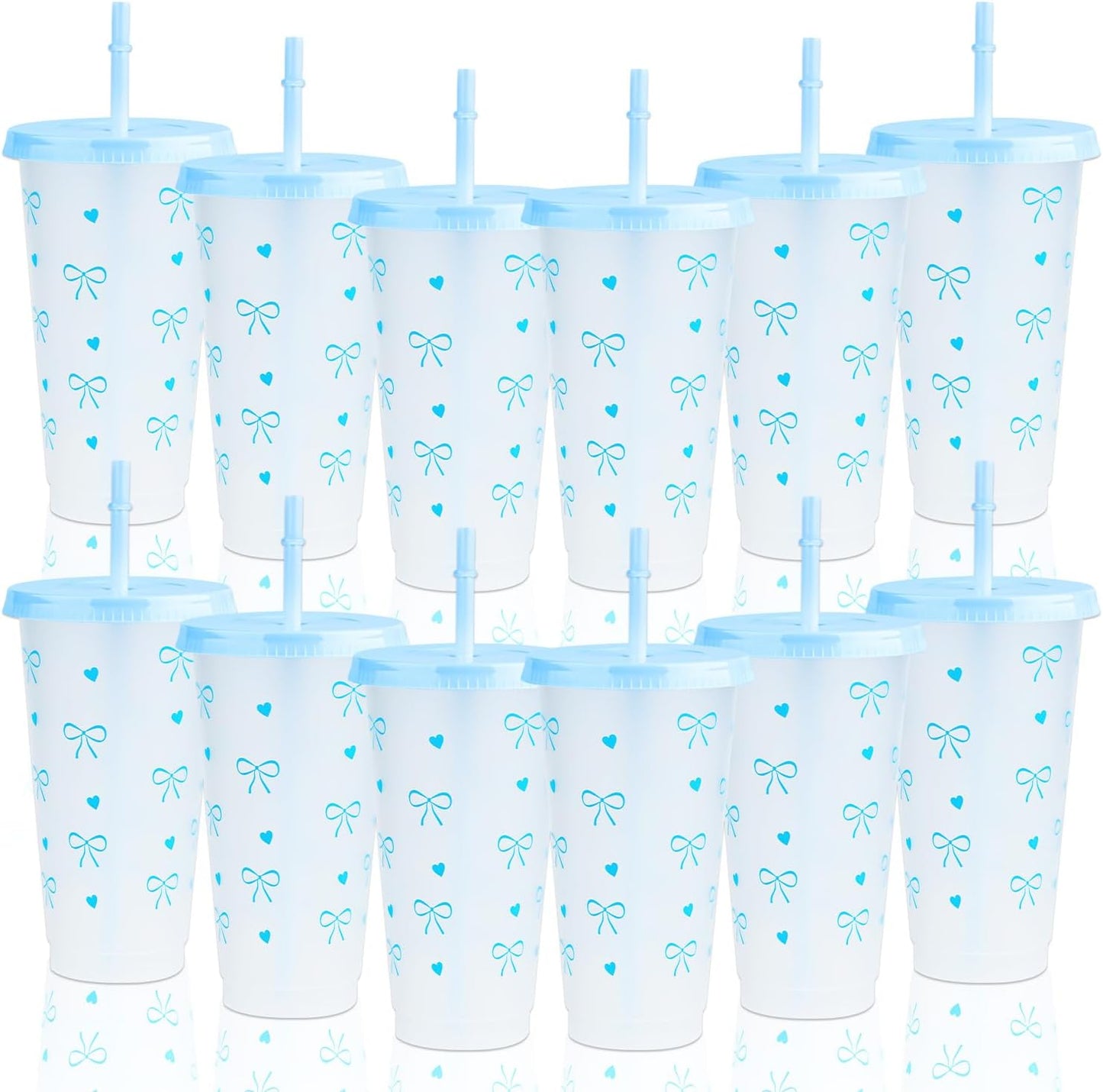 12Pcs 24 oz Blue Bow Plastic Cups with Straw and Lid, Reusable Coquette Bow Tie Cold Cups for Wedding Baby Shower Birthday Party Decor