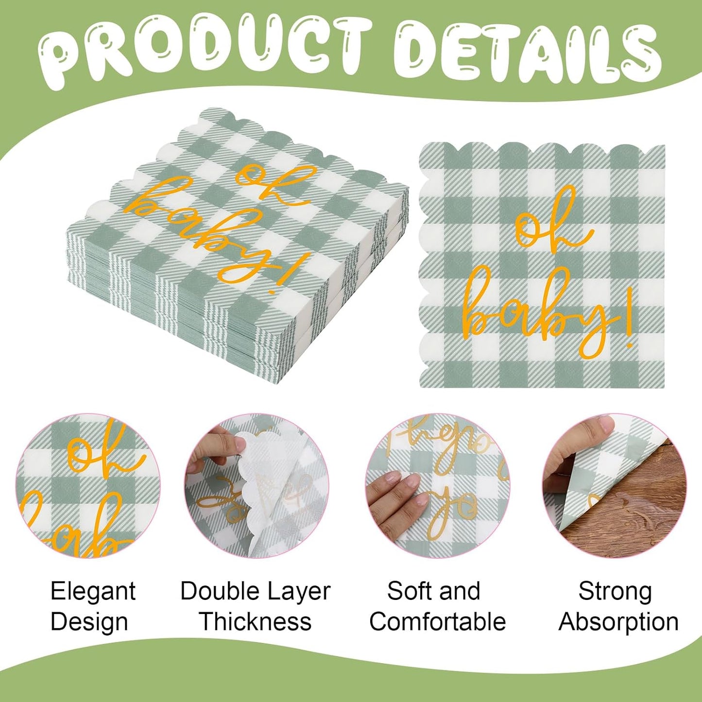 100 Psc Oh Baby Baby Shower Napkins, Gold Oh Baby Napkins in Plaid Sage Green Pattern, Scalloped Edges, 6.5 x 6.5 Inch for baby Welcome Party, Neutral Gender Reveal Decorations