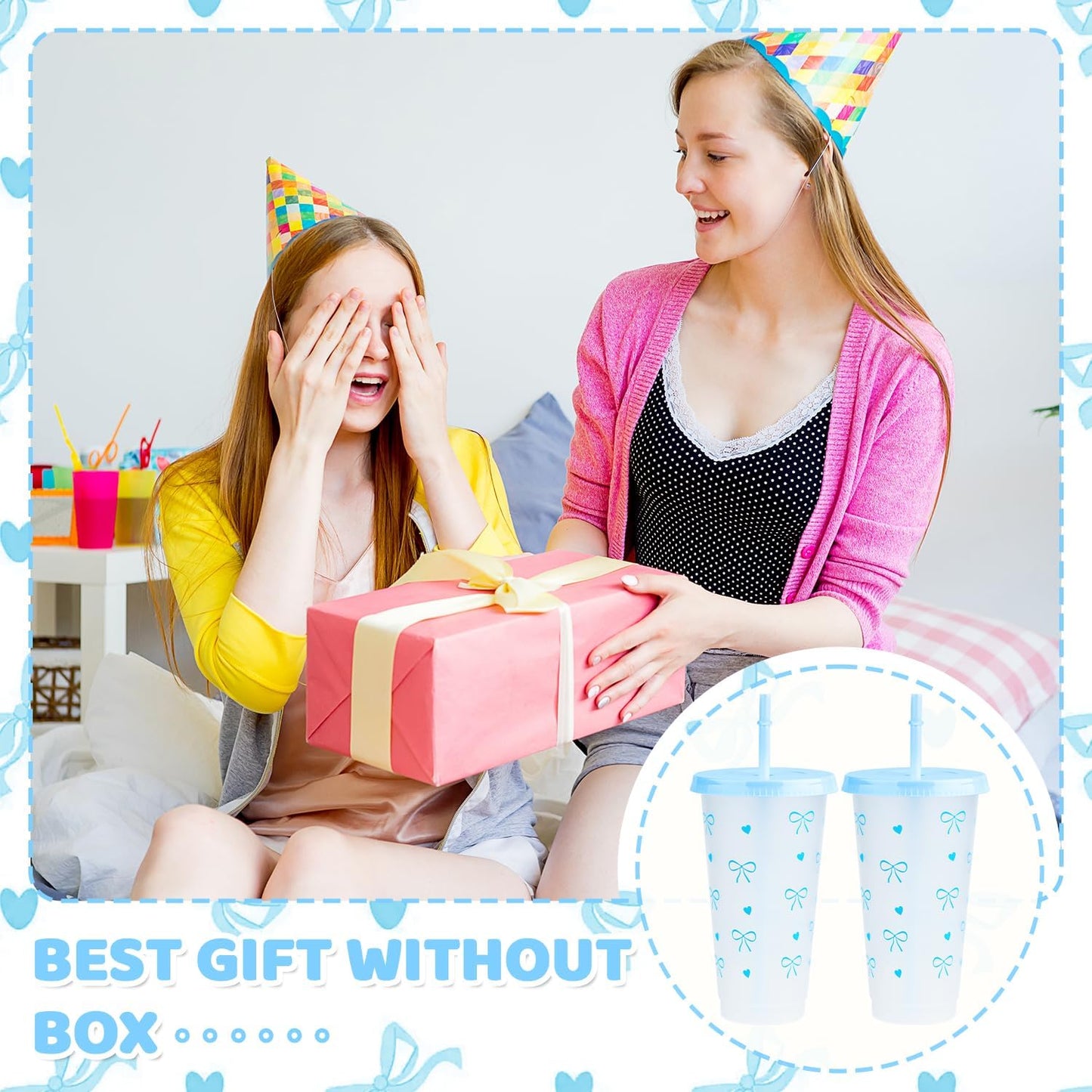 12Pcs 24 oz Blue Bow Plastic Cups with Straw and Lid, Reusable Coquette Bow Tie Cold Cups for Wedding Baby Shower Birthday Party Decor