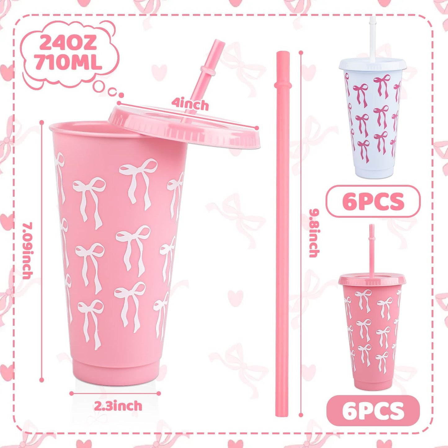 12Pcs 24 oz Blue Bow Plastic Cups with Straw and Lid, Reusable Coquette Bow Tie Cold Cups for Wedding Baby Shower Birthday Party Decor