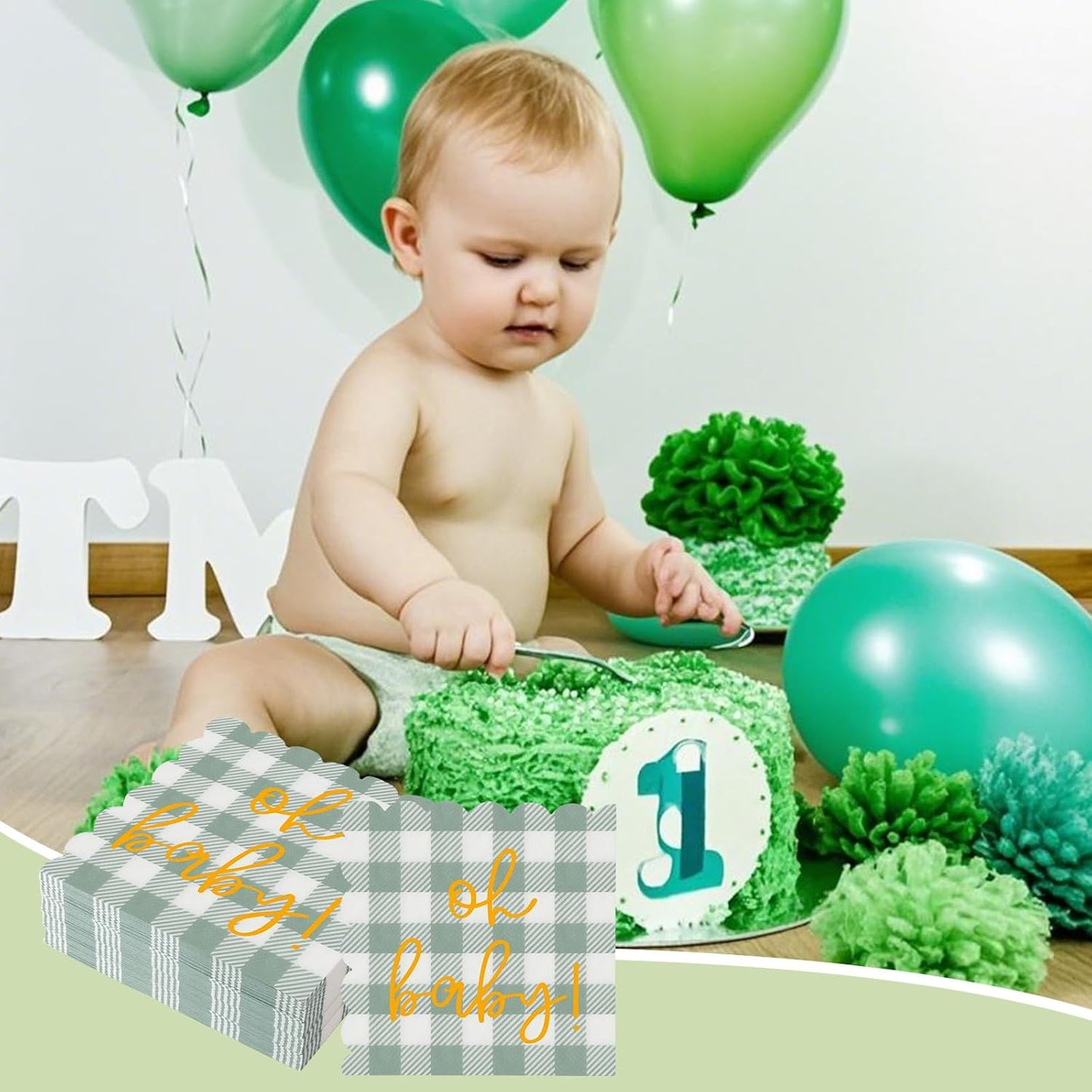 100 Psc Oh Baby Baby Shower Napkins, Gold Oh Baby Napkins in Plaid Sage Green Pattern, Scalloped Edges, 6.5 x 6.5 Inch for baby Welcome Party, Neutral Gender Reveal Decorations