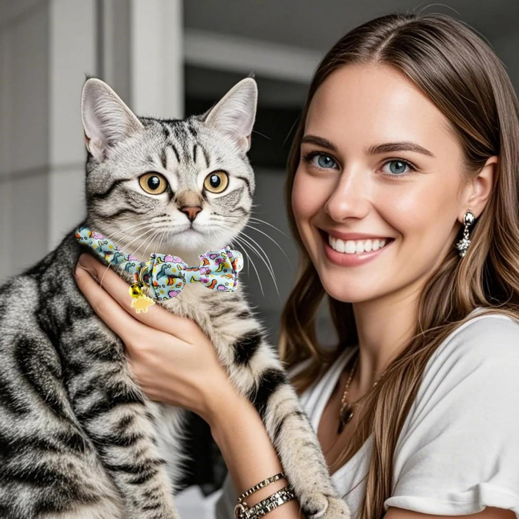2 Pack Cat Collars Breakaway for Boy Girls, Cute Soft Kitty Cat Bowtie Collar with Bells for Male Female, Dinosaurs Pattern Cotton Adjustable Kitten Collar with Bow Tie (Dinosaur)