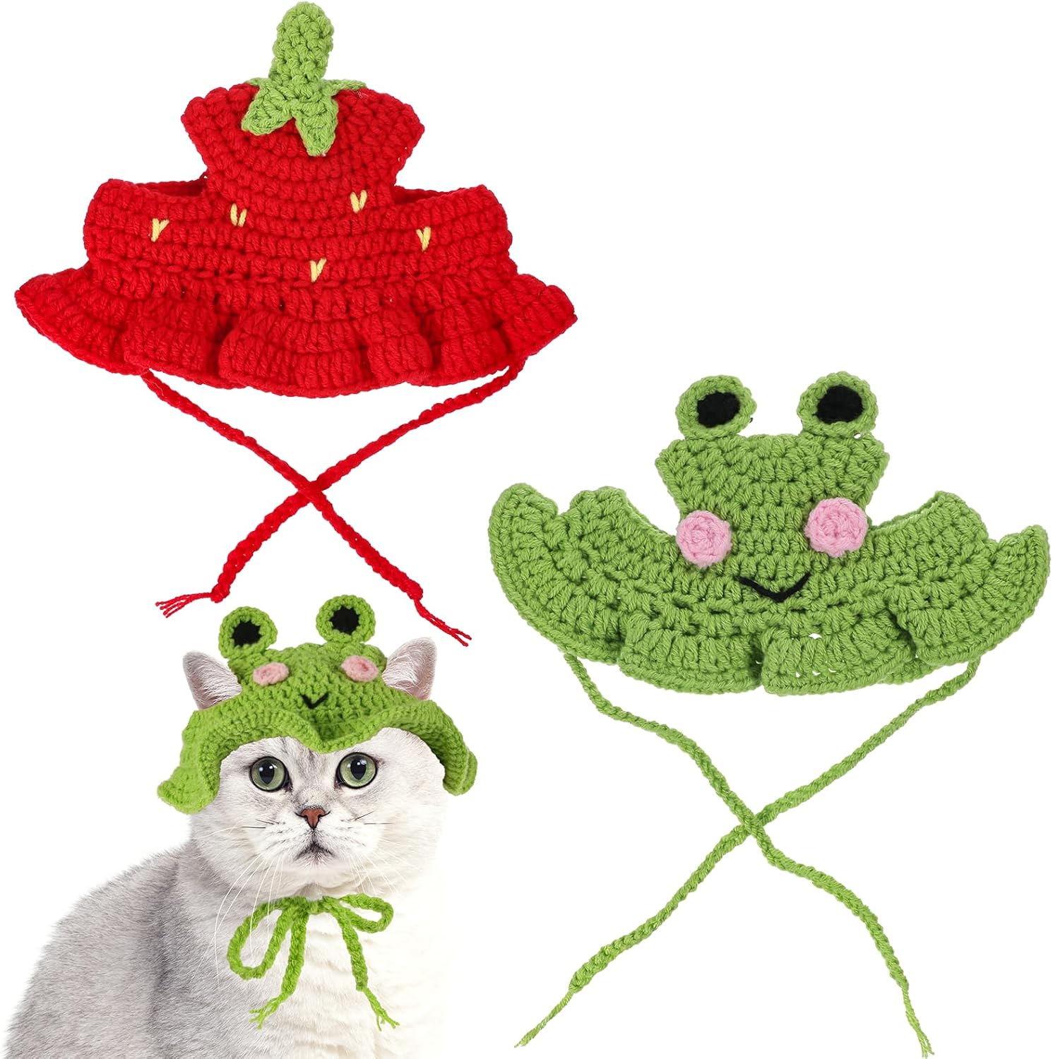 2pcs Cute Flower Cat Hat, Cotton & Soft Cute Knitted Hats for Cats, Halloween Christmas Holiday Party Clothes Birthday Party Puppy Hat for Small Pets, Holiday & Photo Outfit