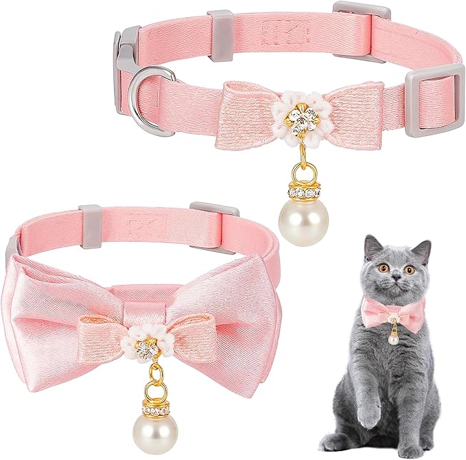 2 Pcs Adorable Cat Collar with Bow Cat Collar Breakaway Pink Cats Bows & Accessories Adjustable Cute Kitten Collars with Pearl Pendant for Girl Cats Pink