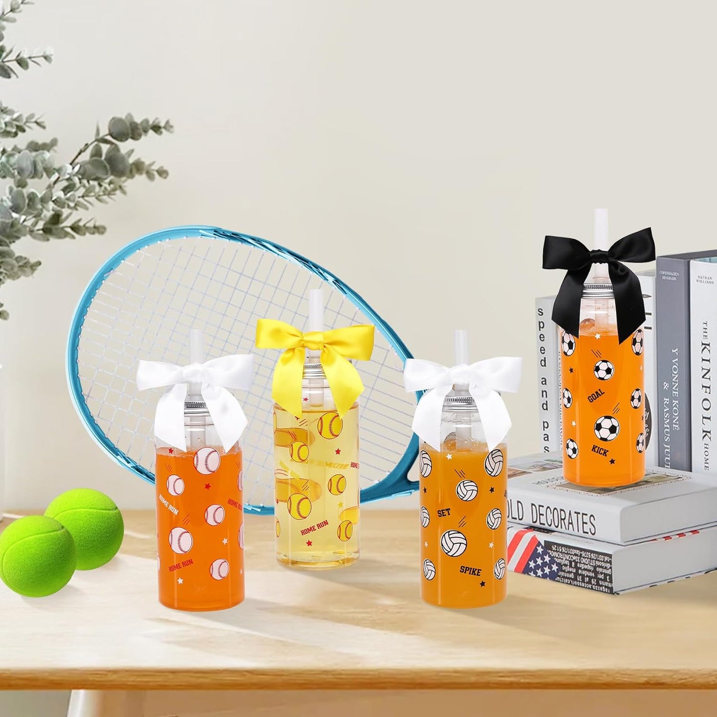 12 Pack 14.2 oz Plastic Cups with Lids and Straws Clear Reusable Cups Twist Bows Tumbler Bottle for Birthday Sports Themed Party Favors Decorations Bulk (Soccer)