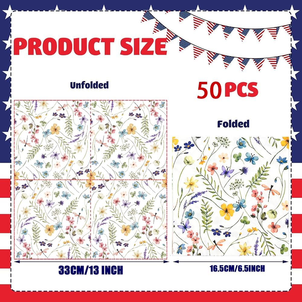 100 Pack Wildflower Napkins Wildflower Party Supplies Colorful Floral Cocktail Napkins Paper Butterfly Floral Napkins for Spring Summer Wedding Tea Wildflower Birthday Party Decor (50)