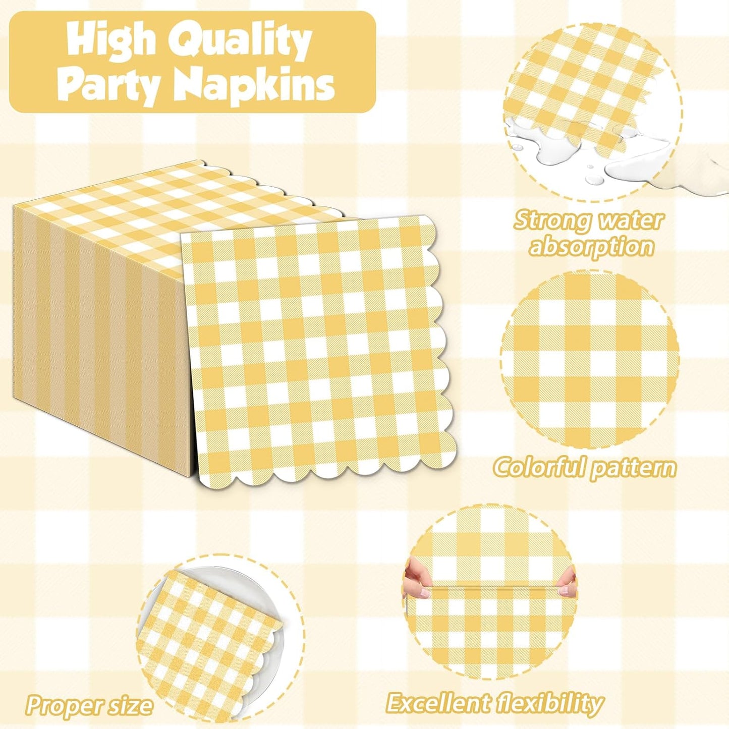 100Pcs 6.5 x 6.5inch Green and White Checkered Scalloped Napkins Disposable Green Plaid Paper Napkins Gingham Party Decorations for Birthday Picnic BBQ Wedding Baby Shower Party Farm Themed Events