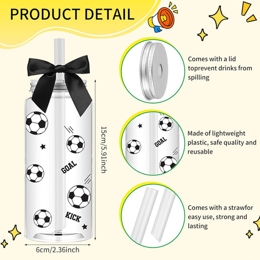 12 Pack 14.2 oz Plastic Cups with Lids and Straws Clear Reusable Cups Twist Bows Tumbler Bottle for Birthday Sports Themed Party Favors Decorations Bulk (Soccer)