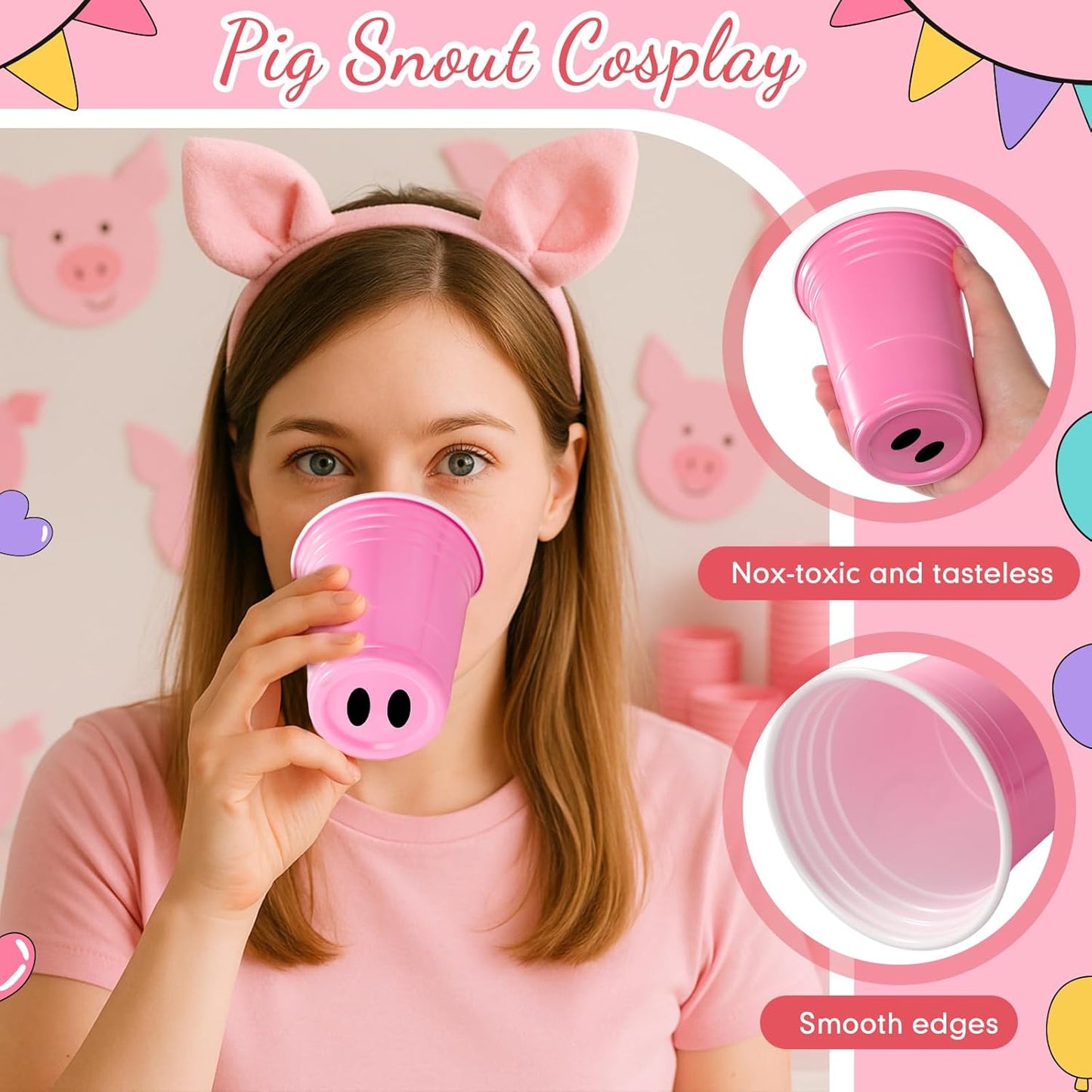 12 Pcs Pink Pig Party Cups Farm Birthday Party Supplies 16 oz Plastic Pig Nose Cups for Birthday Farm Animal Halloween Animals Costume Accessories