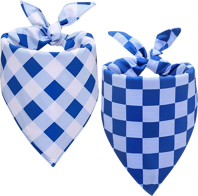 2 Pcs Blue Dog Bandanas Boy Large Spring Summer Triangle Scarf Reversible Bibs Plaid Bandana for Puppy Pet