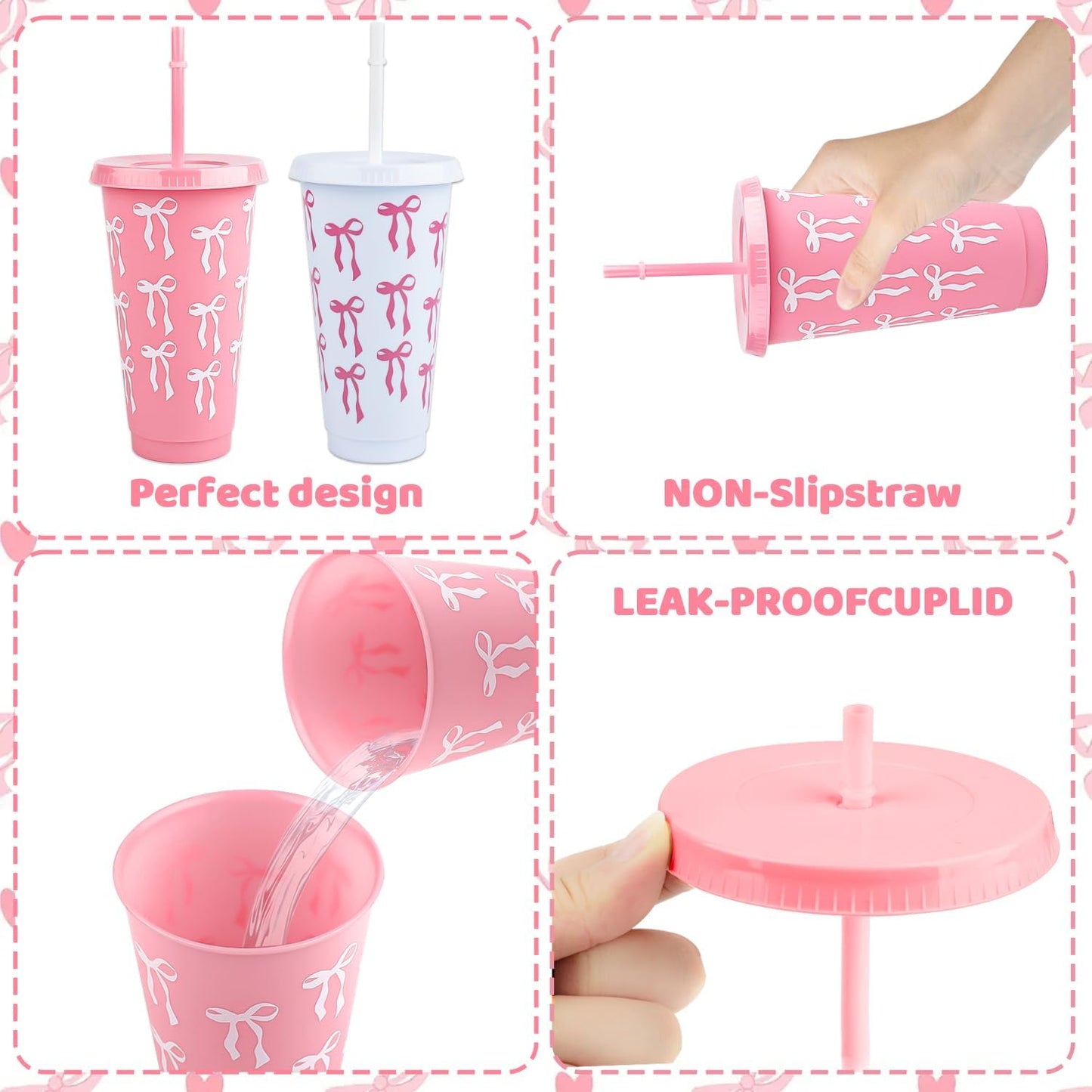 12Pcs 24 oz Blue Bow Plastic Cups with Straw and Lid, Reusable Coquette Bow Tie Cold Cups for Wedding Baby Shower Birthday Party Decor