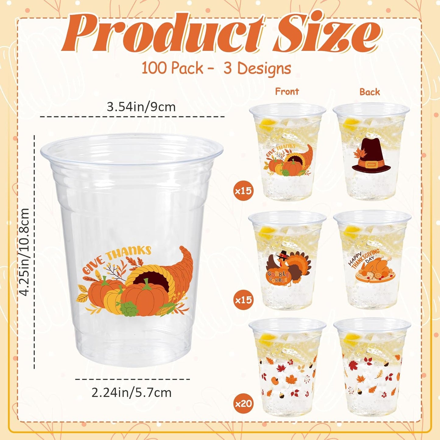 Thanksgiving Party Decoration Disposable Plastic Cups, 100 Pack 12oz Fall Disposable Plastic Cups with Fall Pumpkin Leaf Truck for Thanksgiving Autumn Fall Harvest Wedding Party Decoration Supplies