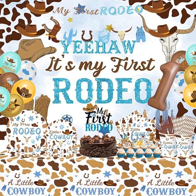 My First Rodeo Decorations for Boys, 158 PCS First Rodeo Birthday Decorations Set, Plates, Forks, Straws, Cups, Napkins, Banners, Balloons, Backdrops, Cake Toppers and Tablecloths, Serves 20 Guests
