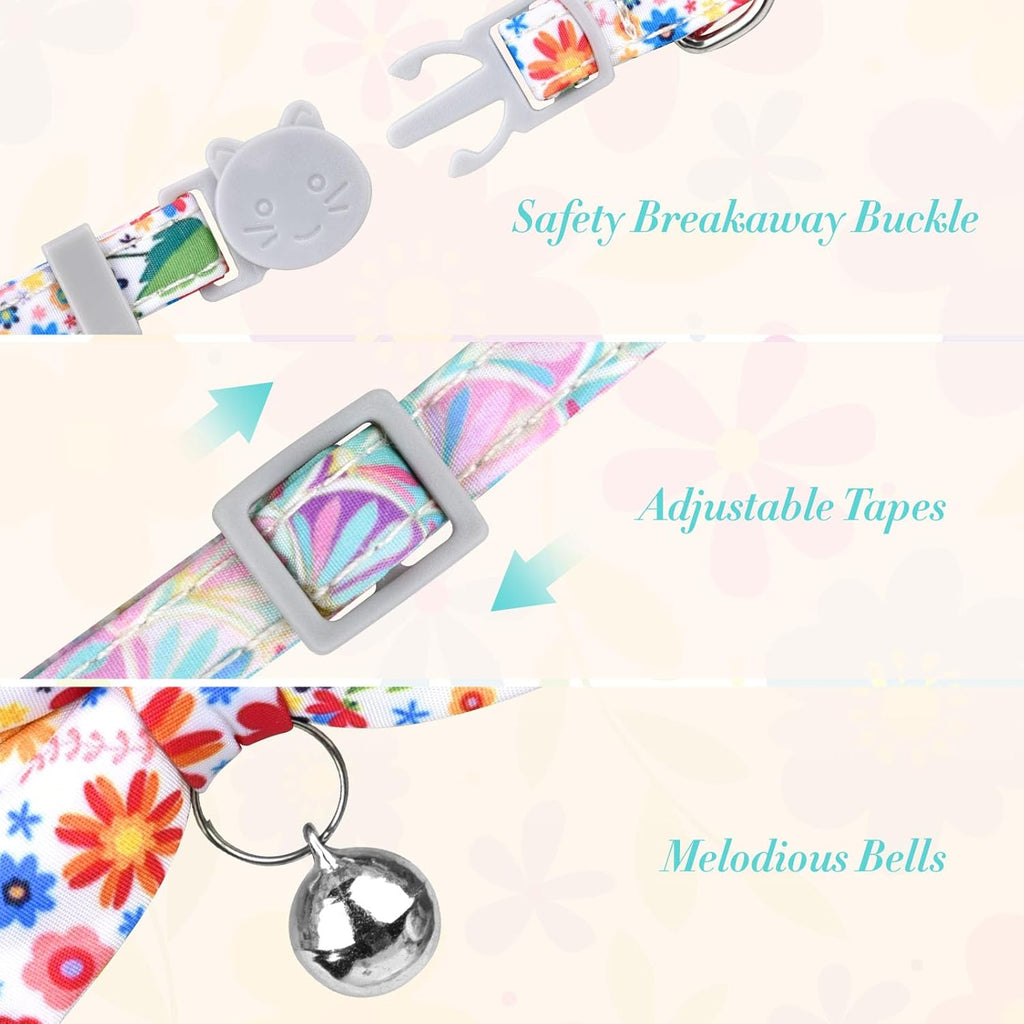 2PCS Cat Collar with Bell and Bow Tie, Breakaway Kitten Collar with Flower, Pet Collar with Safety Buckle for Girl Boy Kitten (7-11Inch)