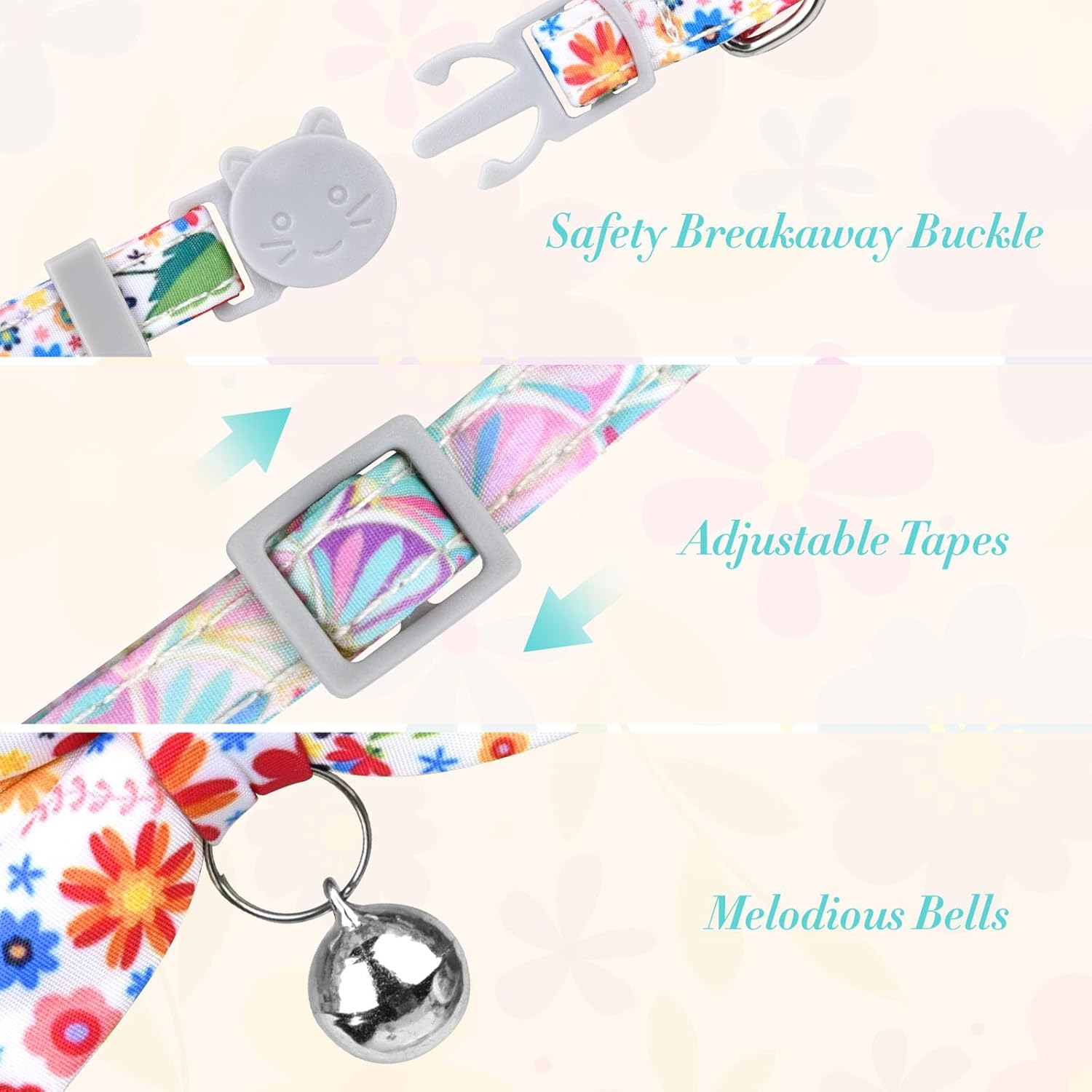 2PCS Cat Collar with Bell and Bow Tie, Breakaway Kitten Collar with Flower, Pet Collar with Safety Buckle for Girl Boy Kitten (7-11Inch)