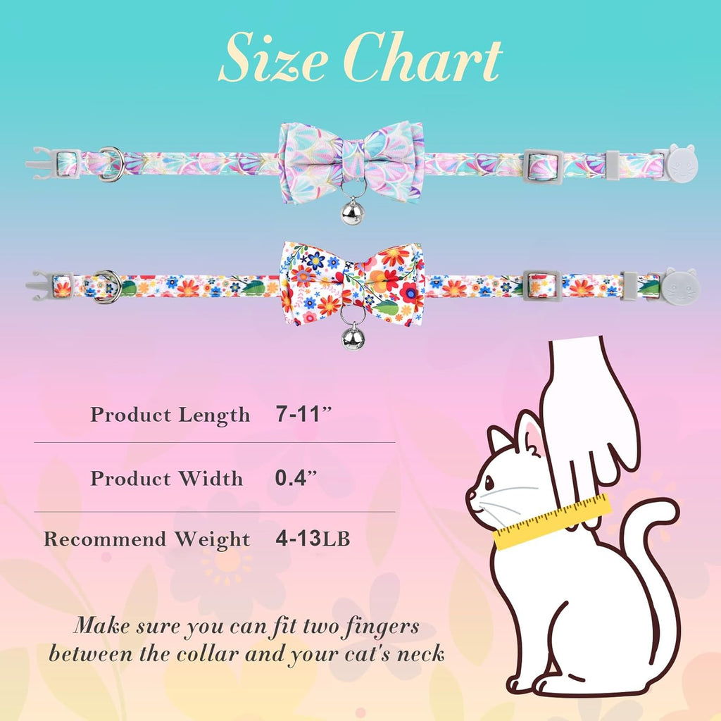 2PCS Cat Collar with Bell and Bow Tie, Breakaway Kitten Collar with Flower, Pet Collar with Safety Buckle for Girl Boy Kitten (7-11Inch)