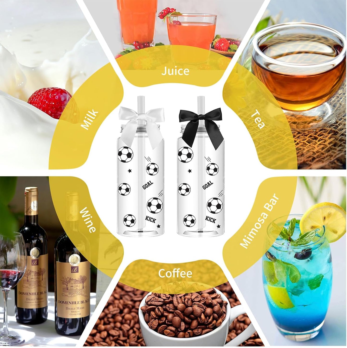 12 Pack 14.2 oz Plastic Cups with Lids and Straws Clear Reusable Cups Twist Bows Tumbler Bottle for Birthday Sports Themed Party Favors Decorations Bulk (Soccer)