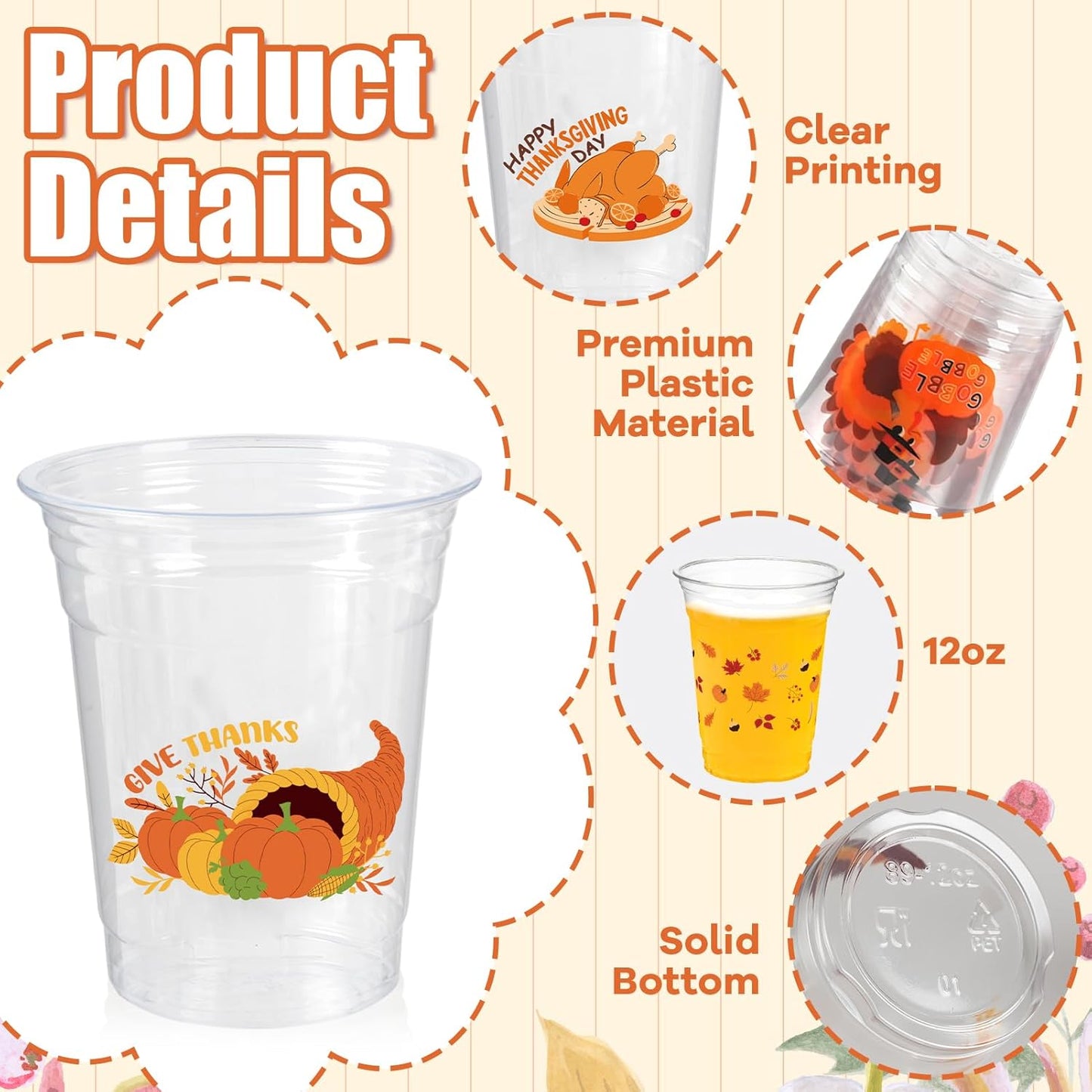 Thanksgiving Party Decoration Disposable Plastic Cups, 100 Pack 12oz Fall Disposable Plastic Cups with Fall Pumpkin Leaf Truck for Thanksgiving Autumn Fall Harvest Wedding Party Decoration Supplies