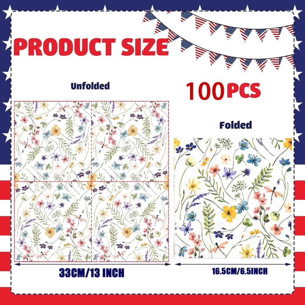 100 Pack Wildflower Napkins Wildflower Party Supplies Colorful Floral Cocktail Napkins Paper Butterfly Floral Napkins for Spring Summer Wedding Tea Wildflower Birthday Party Decor (50)