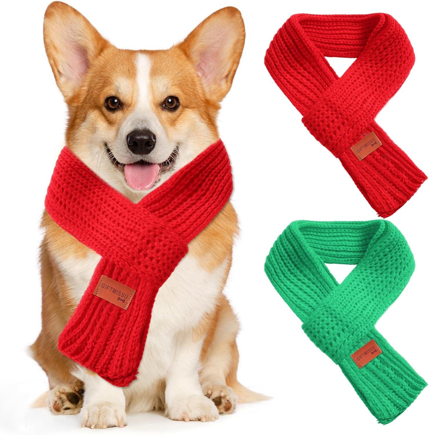 2 Pcs Dog Knit Scarf Set, Red & Green Winter Warm Pet Scarves for Small Medium Large Dogs & Cats, Christmas Neck Accessories for Puppy Kitten Cold Weather Dress Up (Red & Green, Size L – Length 51")