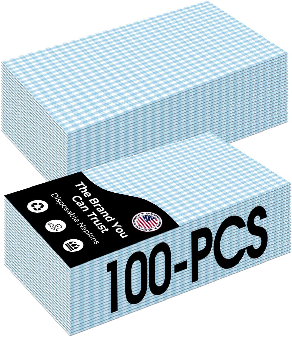 100 Pcs Gingham Napkins Disposable, Blue and white Gingham Paper Napkins, Napkin for Cocktail, BBQ, Birthday, Christmas Party & Wedding Supplies