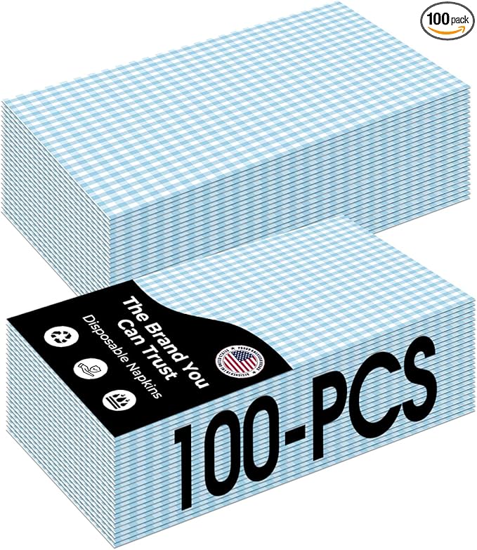 100 Pcs Gingham Napkins Disposable, Blue and white Gingham Paper Napkins, Napkin for Cocktail, BBQ, Birthday, Christmas Party & Wedding Supplies