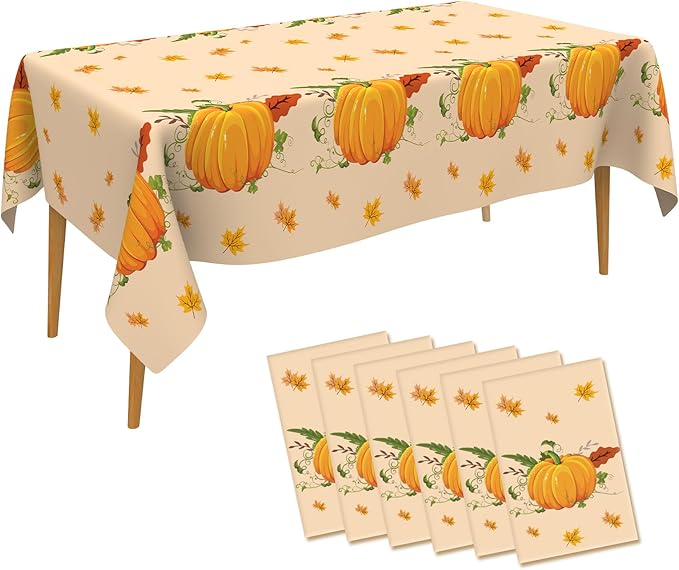 6 PCS Fall Tablecloths(54x108 Inch) Rectangle Disposable Plastic Thanksgiving Tablecloth Table Covers Cloths Pumpkin Autumn Maple Leaves Table Decor Harvest Friendsgiving Party Supplies Decorations