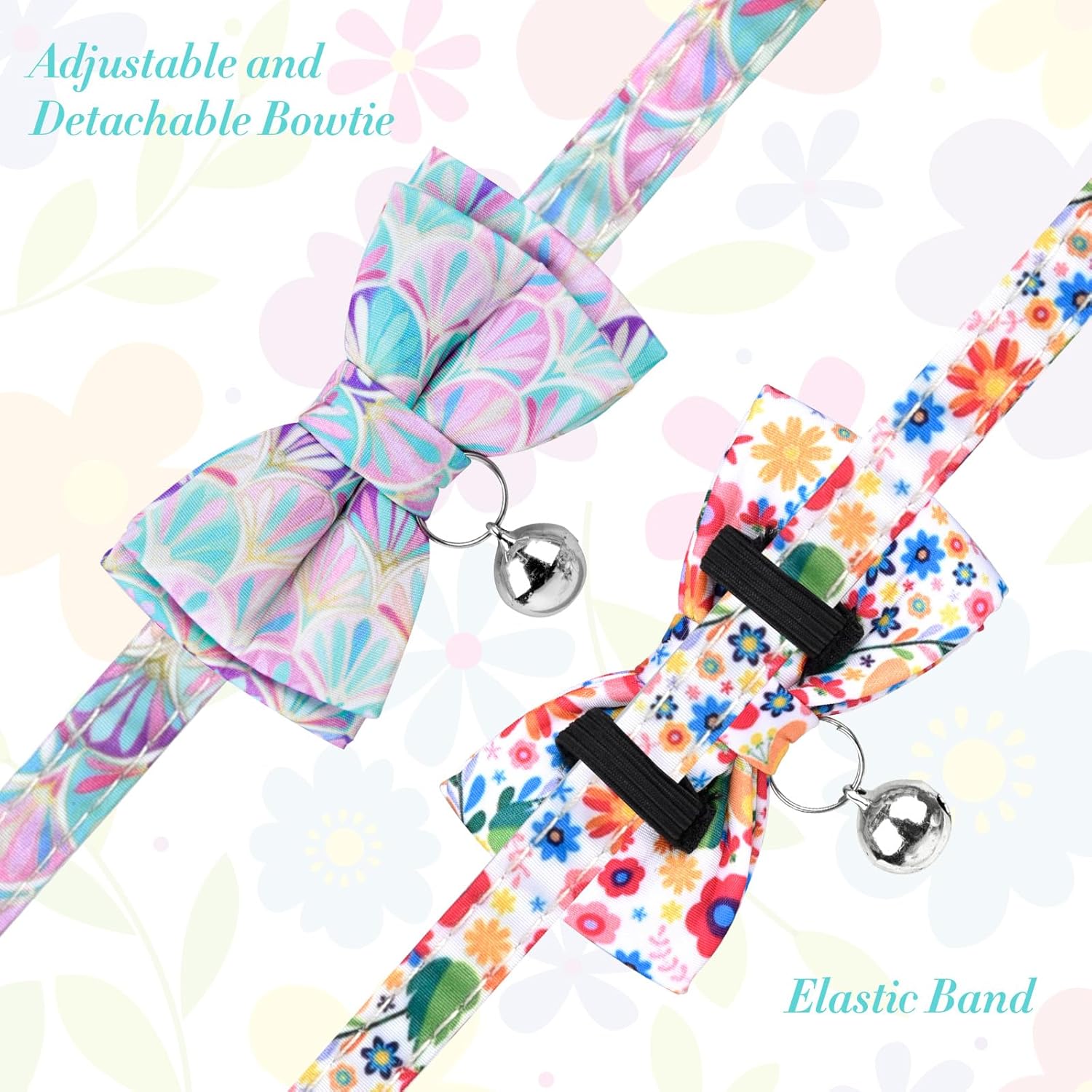 2PCS Cat Collar with Bell and Bow Tie, Breakaway Kitten Collar with Flower, Pet Collar with Safety Buckle for Girl Boy Kitten (7-11Inch)