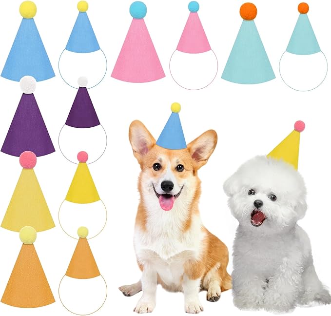 12PCS Mini Party Hats for Stuffed Animals, Stuffed Animal Party Hats with Plush Ball, Cone Felt Mini Birthday Hat, for Cats, Rabbit, Puppy Parties Gatherings